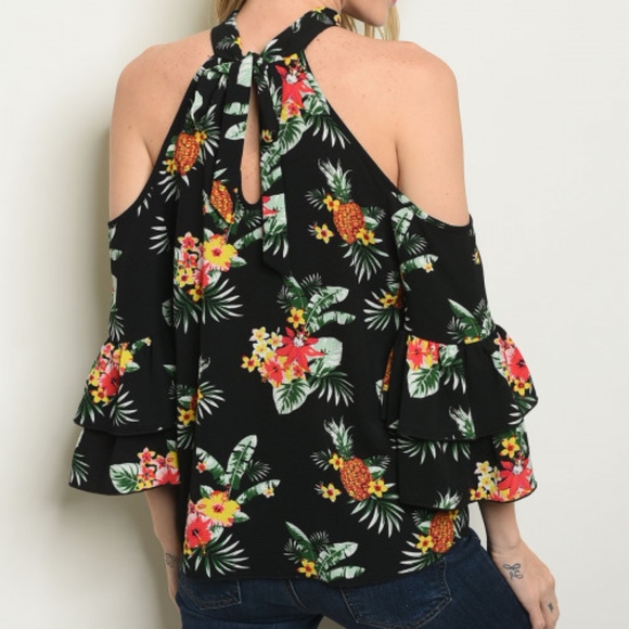 PINEAPPLE & FLORAL PRINT COLD SHOULDER TOP - Picture 2 of 4